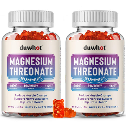 Duwhot Magnesium Threonate Gummies 1000mg – Raspberry Magnesium Supplement for Kids & Adults, 120 Gummies