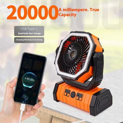 Outdoor Power Bank with LED Light – Portable Camping Fan & Charger