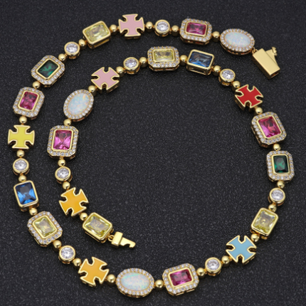 Gold-Plated Hip-Hop Gemstone Necklace – Adjustable Fashion Chain