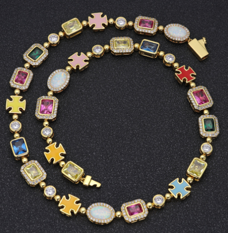 Gold-Plated Hip-Hop Gemstone Necklace – Adjustable Fashion Chain