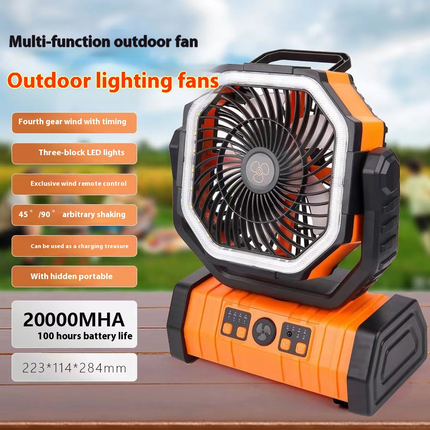 Outdoor Power Bank with LED Light – Portable Camping Fan & Charger